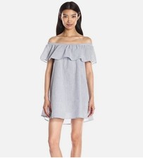 MINKPINK French Twist Off Shoulder Dress XS Blue White Stripe Mini Dress Summer