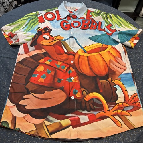 Aloha Shirt L Large Gobble Gobble Thanksgiving Turkey Pumpkin Polyester