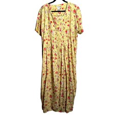 VTG 90s Liz Baker 20W Yellow Floral Button Up Rayon Maxi Dress Short Sleeve Boho