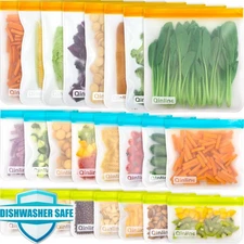 Reusable Food Storage Bags - 24 Pack Freezer Extra Thick Leakproof Lunch Bag ...