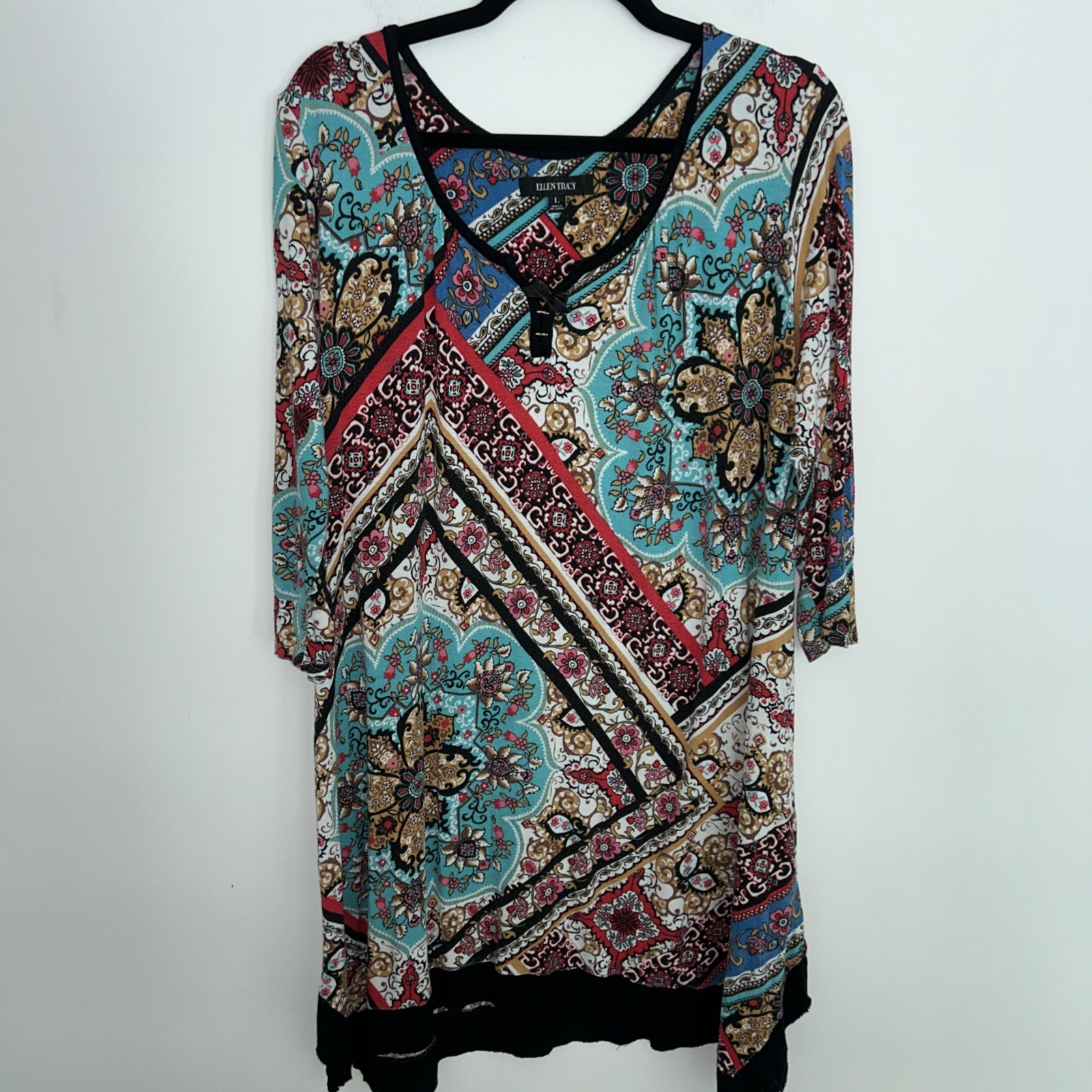 Ellen Tracy L Multicolor Paisley Casual 3/4 Sleeve Knee-High Dress Summer Casual
