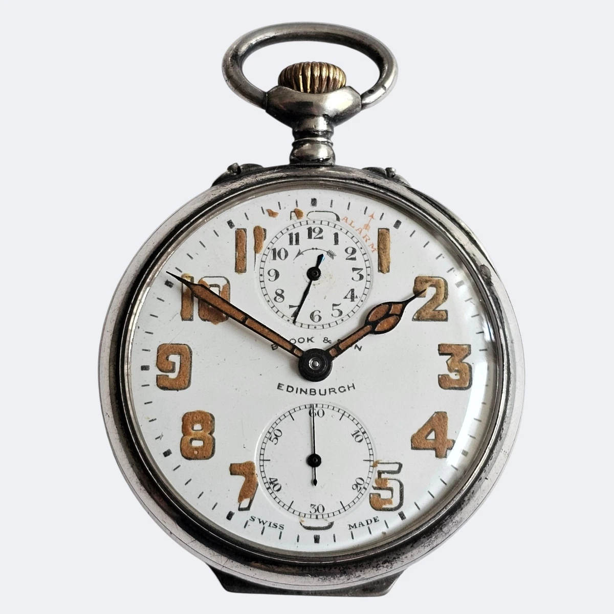 Reloj Bolsillo Vintage Zenith Plata Alarma Brook & Son Edimburgo Estilo Militar