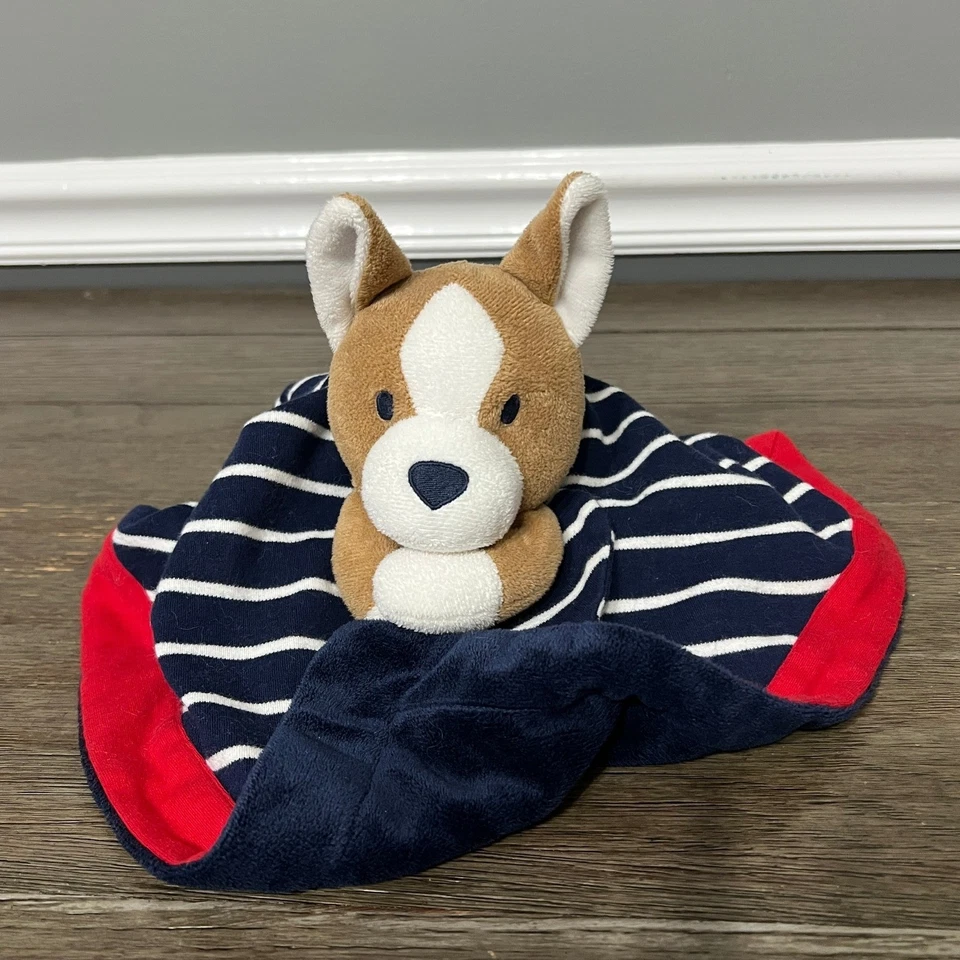 Manta Gymboree Corgi Cachorro Perro Bebé Lovey Azul Marino Rojo Blanco Rayas Foto 3 de 4