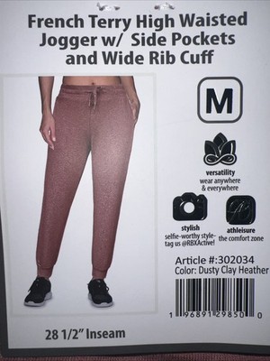 NWT Women s RBX Baby French Terry Joggers Pockets Medium Dusty Clay Heather Red