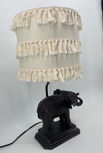 Resin elephant lamp with linen fringe shade - Picture 2 of 4