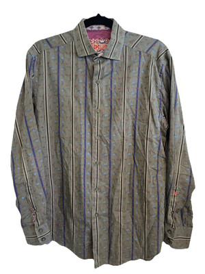 Robert Graham Mens Medium Button Down Shirt Striped Flip Cuff Silk Trim