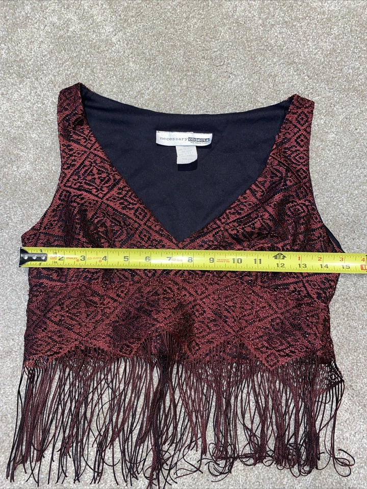 Vintage Necessary Objects Sleeveless Fringe Crop Top Size M Maroon Made In USA - Image 4 of 4