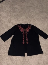 Ming Wang Embroidered Woman’s Black Cardigan Jacket Red Embellished Size 3X