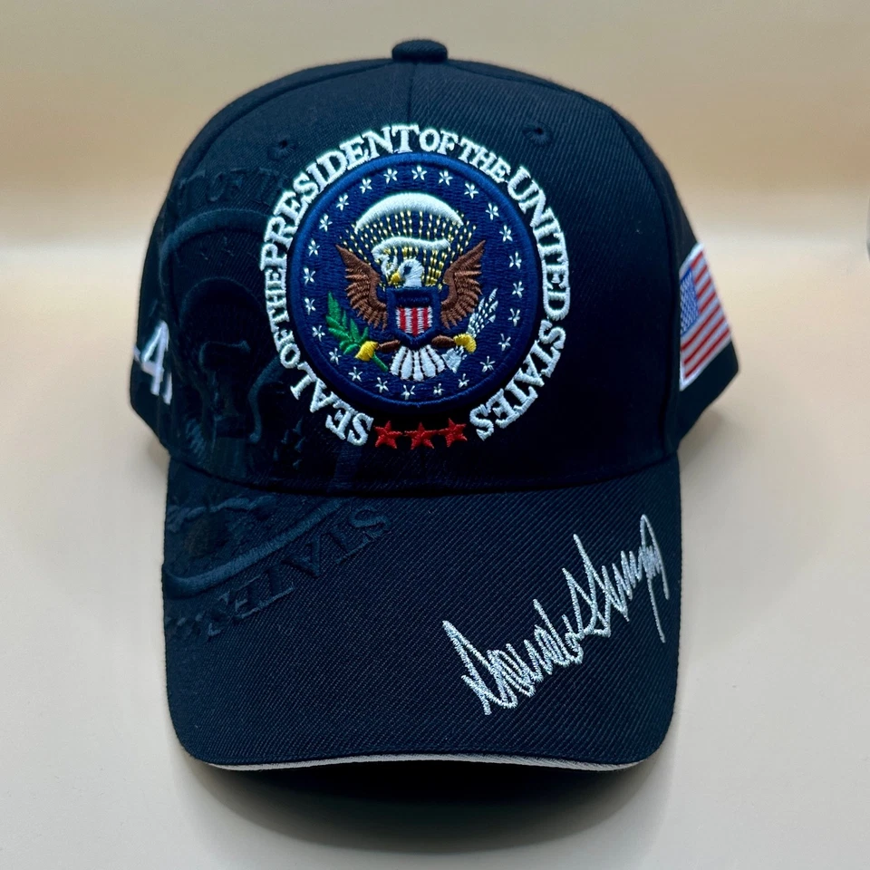 Sombrero Trump Bordado Levantado President Seal Signature 45-47 Bandera Negro Rojo Azul Foto 3 de 4