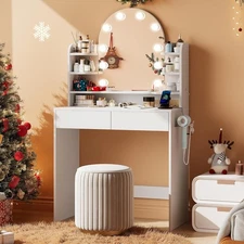 Vanity Desk with Mirror & LED Lights, 2 Drawers Makeup Table with Outlet