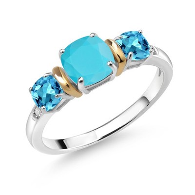 1.65 Cttw Green Turquoise and Swiss Blue Topaz 925 Silver and 10K Yellow Gold