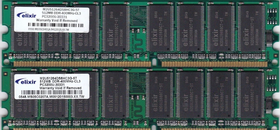 KIT DE MEMORIA RAM 1GB 2x512MB PC3200 ELIXIR DDR-400 M2U51264DS8HC3G-5T DDR1 CL3 Foto 3 de 4