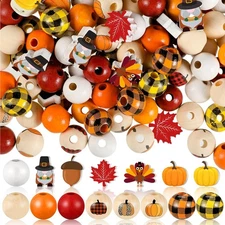 FairySandy 200 Pieces Fall Wooden Beads Pumpkin Turkey Maple Leaf Buffalo Pla...