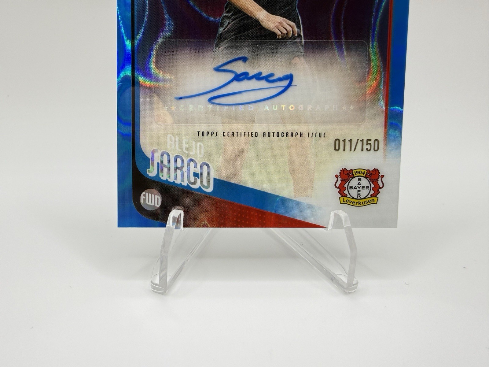 2025-26 Topps Chrome UEFA Alejo Sarco RC Auto Blue Refractor /150 Leverkusen view 4