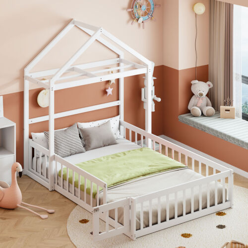 Wood Full Size Floor Bed W/Fence Detachable House Shape Headboard Dress Up Rack