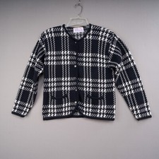 Vintage Tally Ho Plaid Cardigan Sweater Womens S Black White Long Sleeve