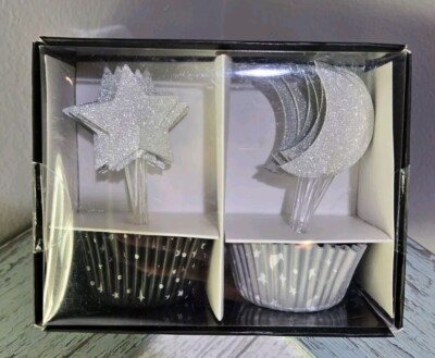 Rachel Zoe Cupcake Set Silver Black Moon Stars Glitter 24 Cases/Toppers NEW 