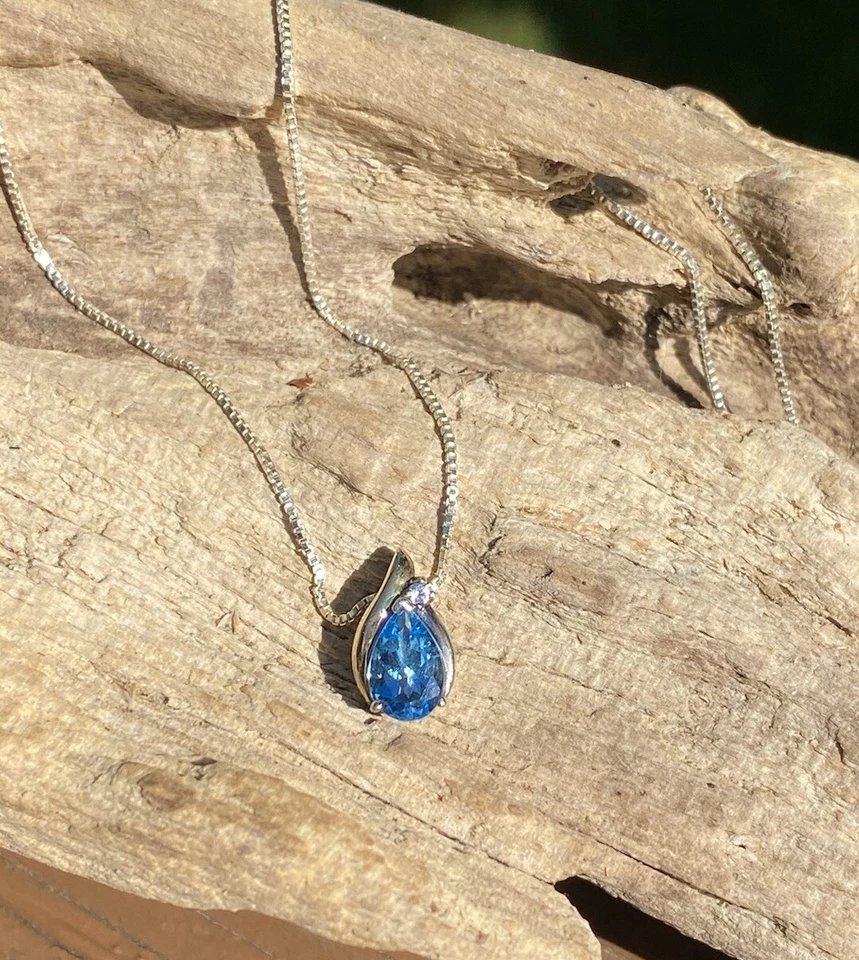 金色 10k 925 银海蓝宝石钻石项链 签名 RL — 第 2/4 张图片