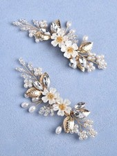 2pcs Women Faux Pearl  Flower Decor Elegant Hair Clip For Party Boho