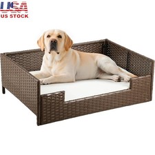 Rattan Dog Sofa Bed Comfortable Plush Cushion Elevated Design All Sizes New