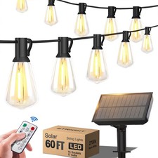 Outdoor Solar String Lights 60FT LED Edison Bulbs 15 Sockets Waterproof Garden