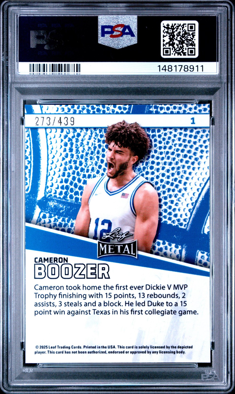 Graded 2025 Leaf Cameron Boozer #1 /439 Rookie Basketball Card PSA 10 Gem Mint view 2