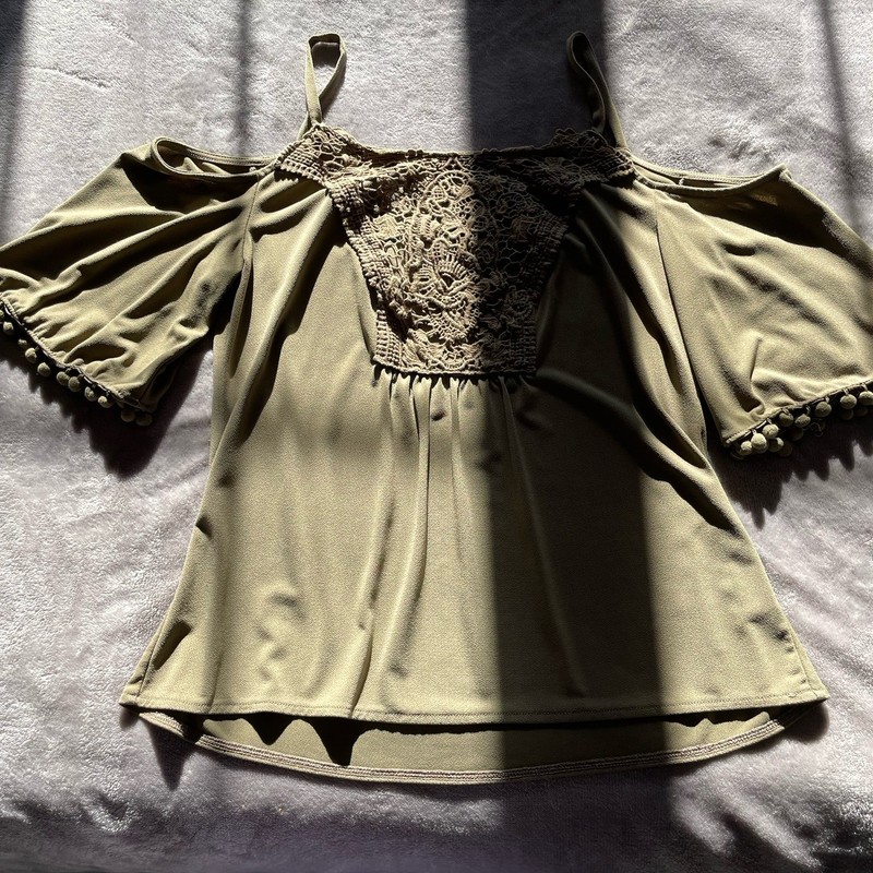 Olive Cold Shoulder Lace Accent Blouse Women's Short Sleeve Spaghetti Strap