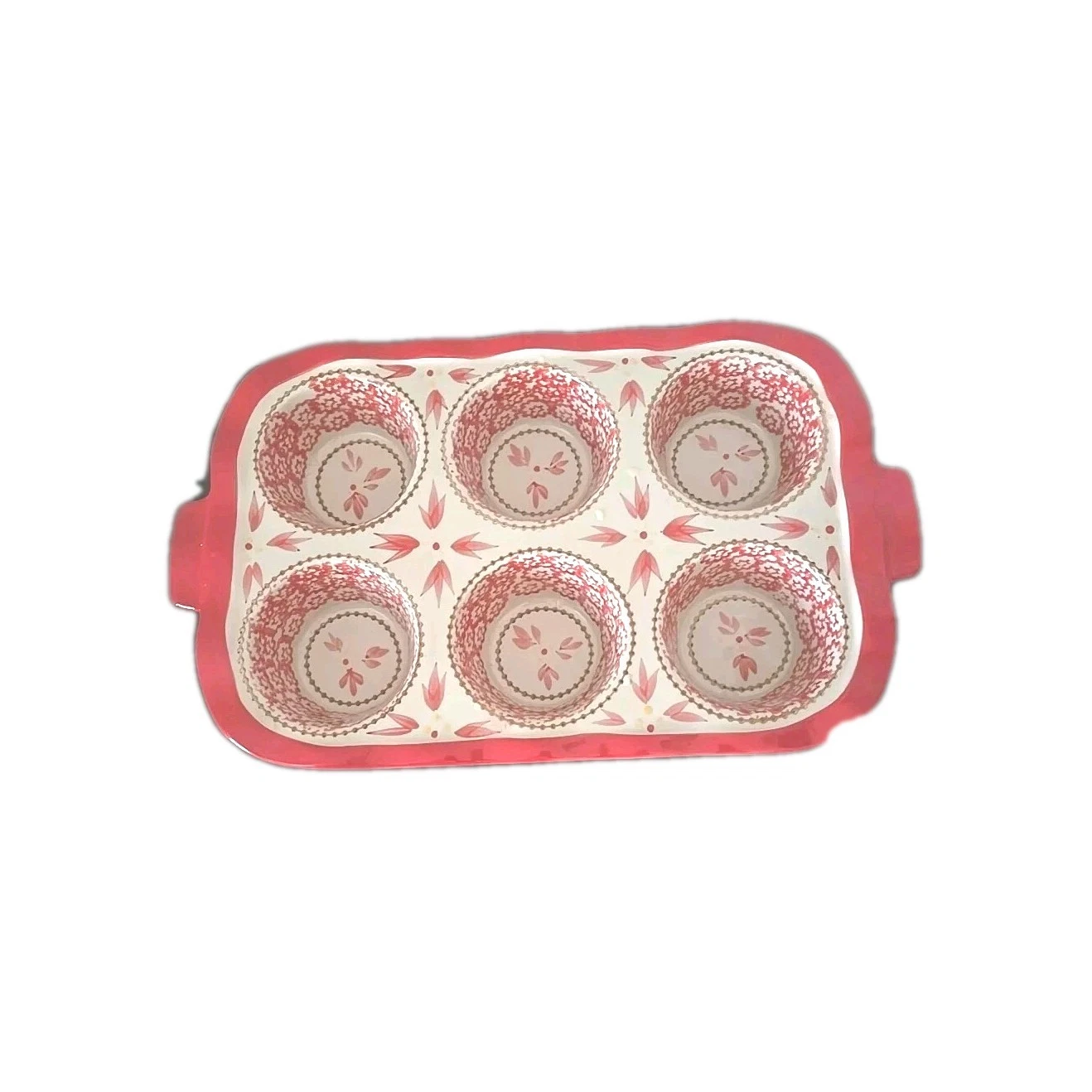 Temptations Old World Ceramic Ovenware Red 6 Cup Cupcake Muffin Pan Bakeware New