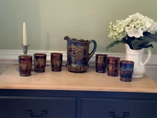 Vintage Amber Carnival Glass Grape and Cable Water Pitcher and 6 tumblers 