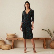 Vintage Retro Midi Dress Multi Floral Jersey Sheath V-Neck Sleeve Ruched S