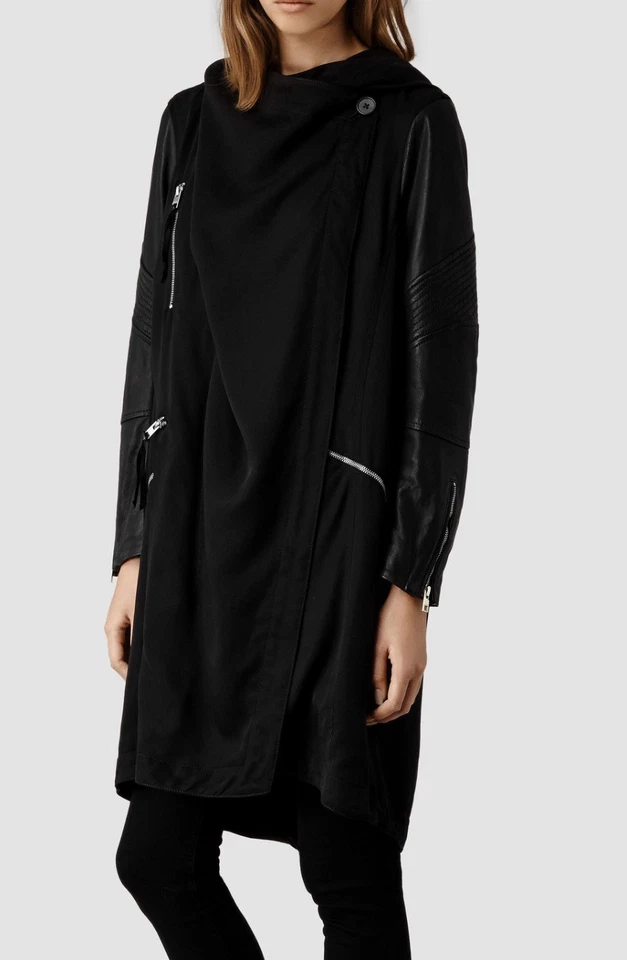 Parka AllSaints Gion negra con capucha Lyocell con mangas de cuero abrigo para mujer talla M
