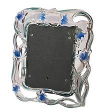 Crystal Glass Floral Picture Frame 6"x7.5" Fits 3.5"x5" Photo Blue Art Glass Exc