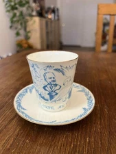 Vintage Russian Porcelain Cup & Saucer Tchaikovsky Commemorative Blue White Gold
