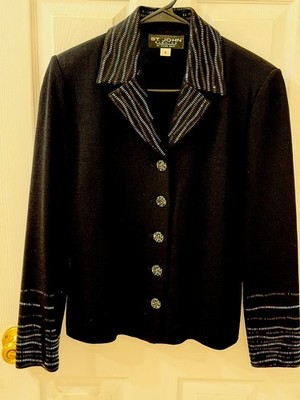St. John EVENING Size 6 Marie Gray BLACK Sequined Long Sleeve Jacket