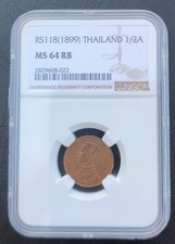 THAILAND 1/2 ATT (1 SOLOT) RS118 (1899) RAMA V BRONZE COIN NGC MS64RB