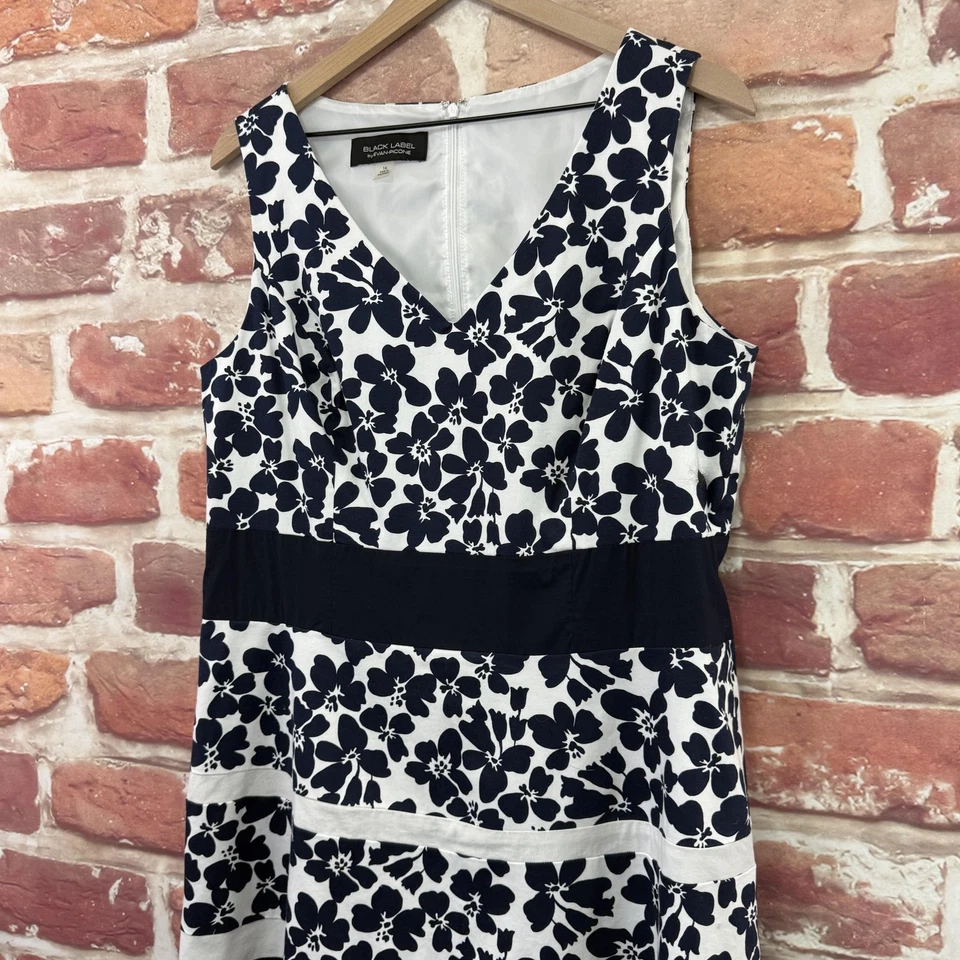 Vestido Evan Picone Etiqueta Negra Para Mujer 14 Azul Oscuro Blanco Floral Rayas Cremallera Foto 3 de 4