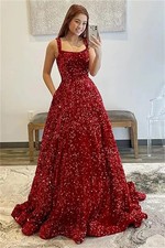 Custom Long Evening Party Gown Spaghetti Straps Sequin Prom Dresses Long Sparkly