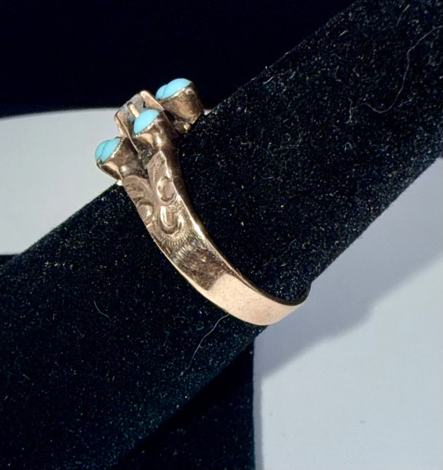 Late 19th Century Forget Me Not Ring 15k Gold Turquoise And Diamond Size 6 - Image 3 of 4