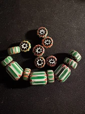 15 Vintage Chevron glass beads - Native American - 5-15mm green  (B1063)