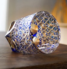 Hand Cut Crystal Whiskey Glass Tumbler Edo Kiriko Drinkware 9oz Blue For Gift