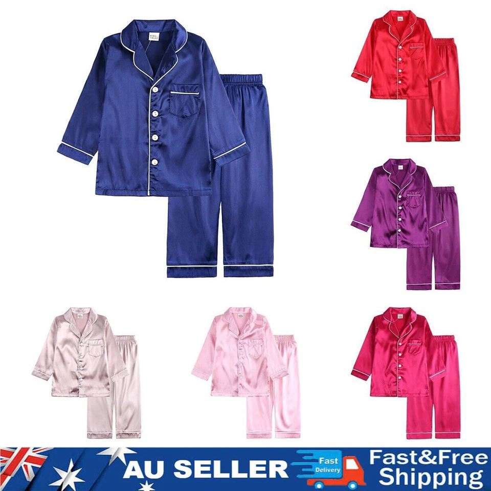 Kids Girls Boys Silk Satin Pajamas Set Sleepwear Pyjamas Home Nightwear Outfits