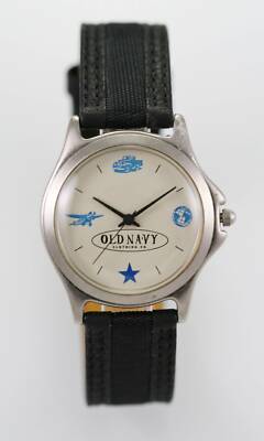 Old Navy Watch Mens Stainless Steel Silver Battery Black Leather Beige Quartz