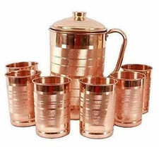 Pure Copper Jug Water Pitcher Glasses Good Health ml Set Of 7Pcs 1.5 L & 300ml