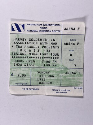 David Bowie Ticket Serious Moonlight Tour Orig Birmingham Sunday 5th June 1983