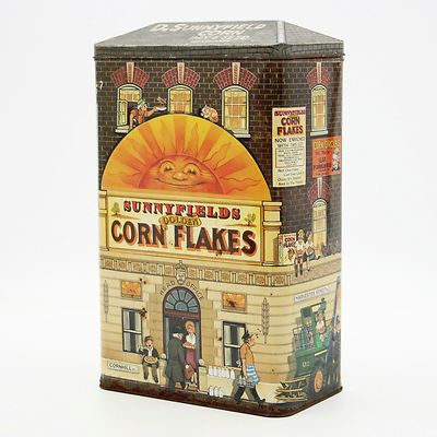 Vintage 12'' English D. SunnyField Golden Corn Flakes Metal Tin Empty Cornflakes