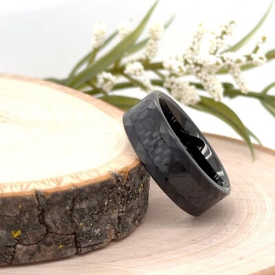 Faceted Black Tungsten 8MM Ring Black Carbon Fiber Inlay Band For Christmas Gift