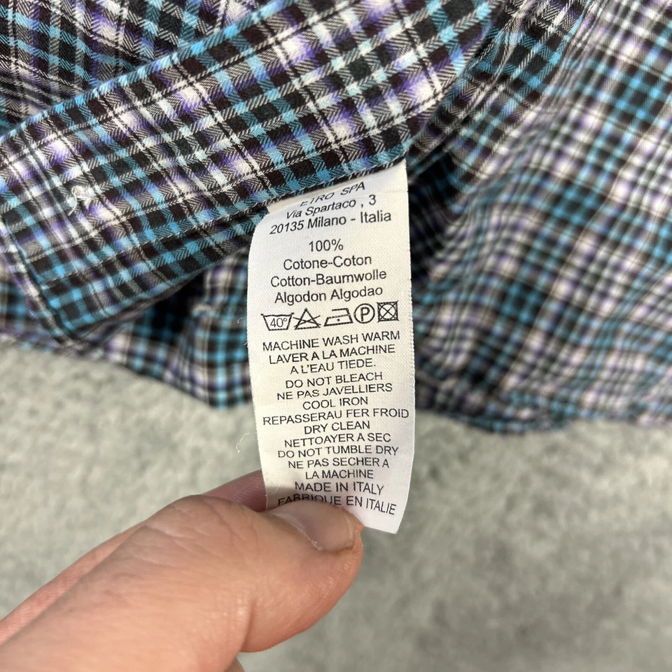 Etro Button Up Shirt Mens XL 46 Purple Blue Plaid Long Sleeve Button Up Italy - Image 4 of 4