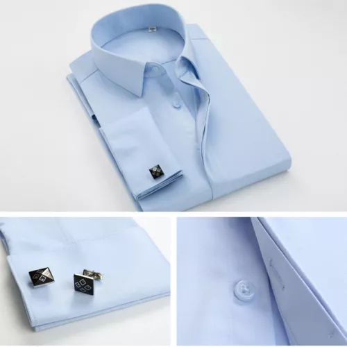 Camisas formales de oficina para hombre manga larga puño francés sin gemelos vestido boda - Imagen 5 de 29