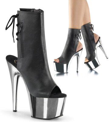 PLEASER ADORE-1018 Women's 7'' Heel Chrome Plated Platform Open Toe Ankle Boots