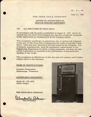 Coca-Cola Co. ephemera June 1962 Notice Bottle Cooling Equipment Cavalier      